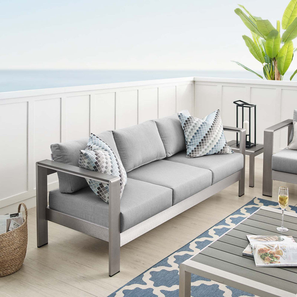 Lounge Sofa, Sunbrella, Fabric, Aluminum, Metal, Silver Gray, Outdoor