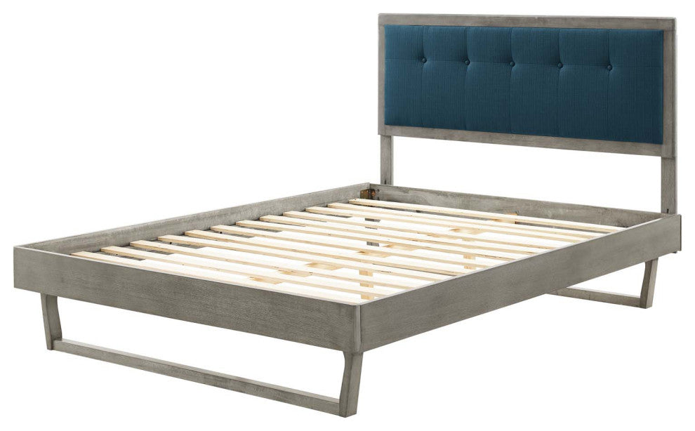 Platform Bed Frame, King Size, Wood, Gray Navy Blue, Modern Mid-Century