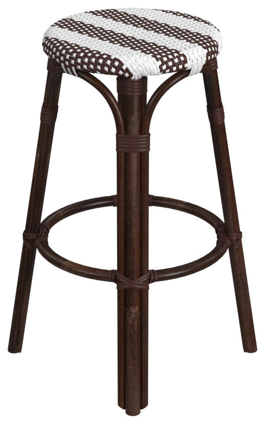 Tobias Round Rattan 30" Bar Stool, White and Brown Stripe