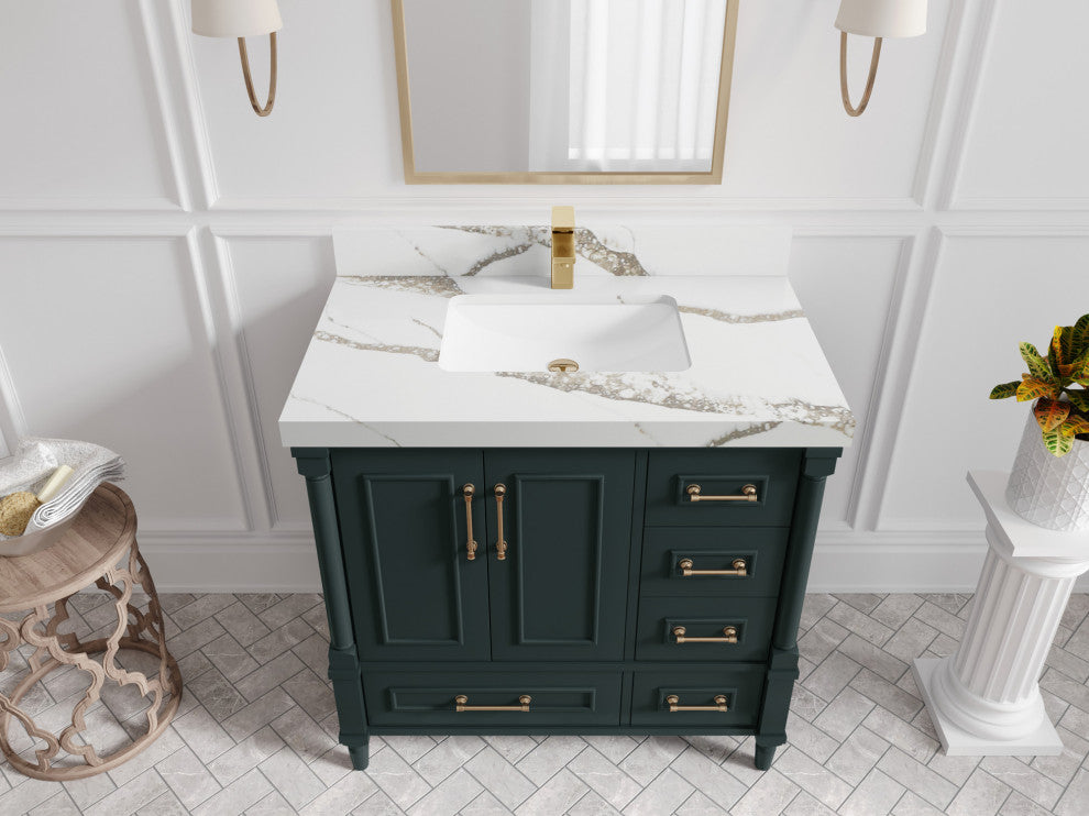 Aberdeen 36 Center Sink Bath Vanity in Dark Forest Green 2" Calacatta Gold