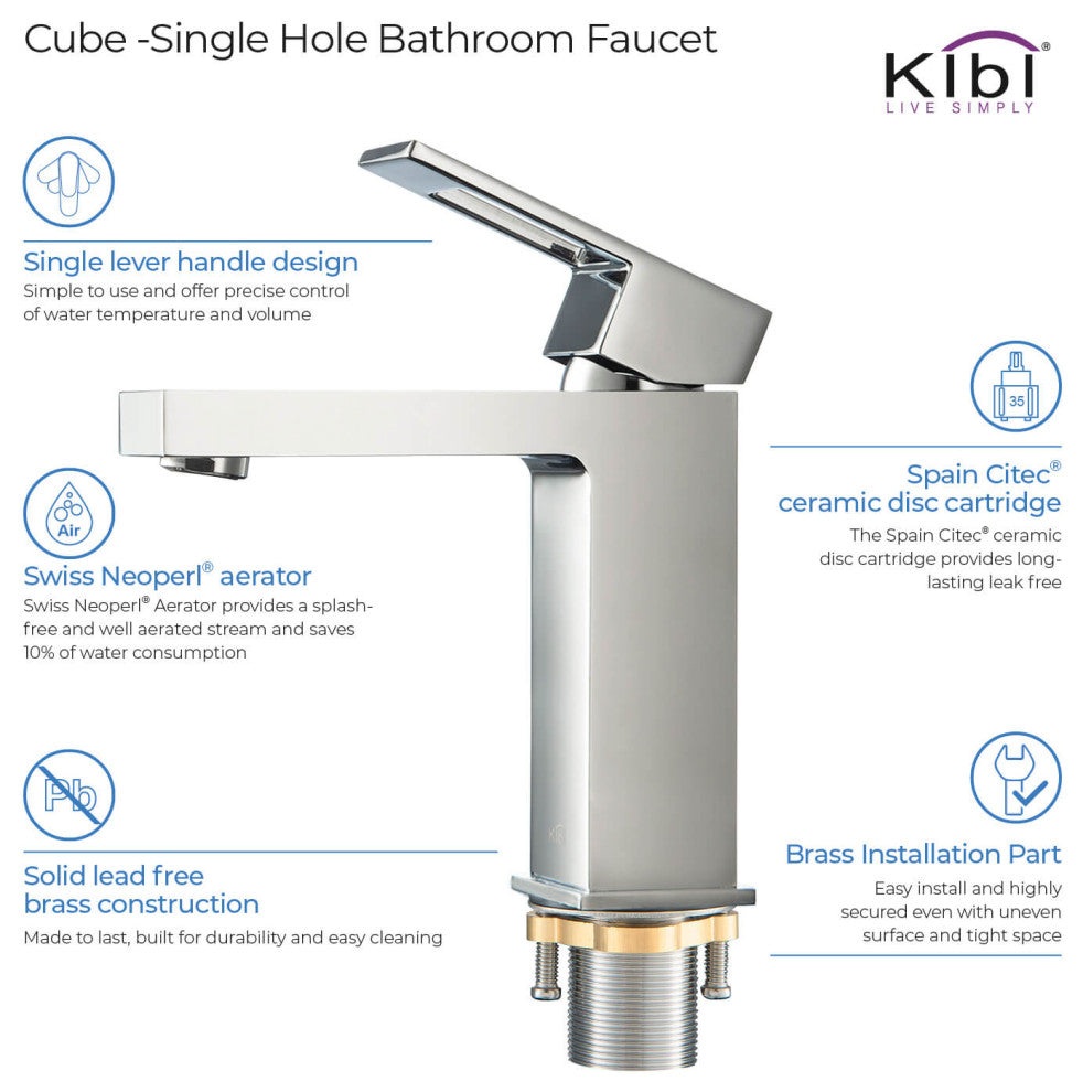 Cubic Single Hole Bathroom Faucet KBF1002, Chrome, W/ Drain