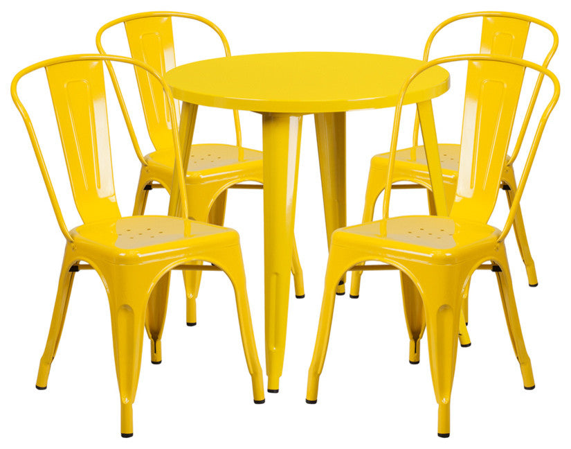 30'' Round Yellow Metal Indoor-Outdoor Table Set With 4 Cafe Chairs