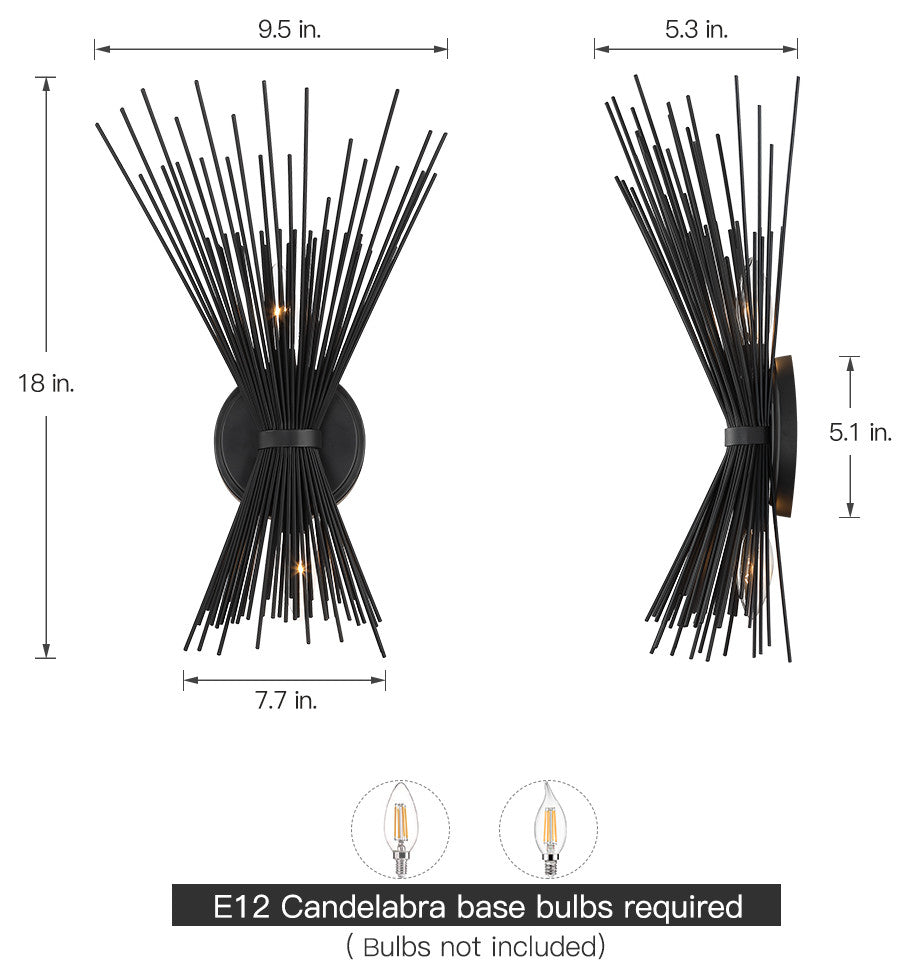 18" H 2-Light Black Starburst Wall Sconce Light