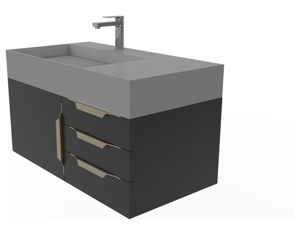 CastelloUSA Amazon 36" Wall Mount Vanity Set, Black, Gray Top, Gold Handles