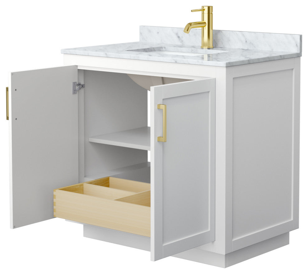 36" Single Bath Vanity, White, White Carrara Countertop, Sink, Gold Trim