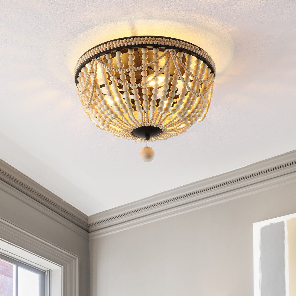 Dune Wood Bead 3-Light Farmhouse LED Semi Flush Mount, Oil Rubbed Bronze/Taupe