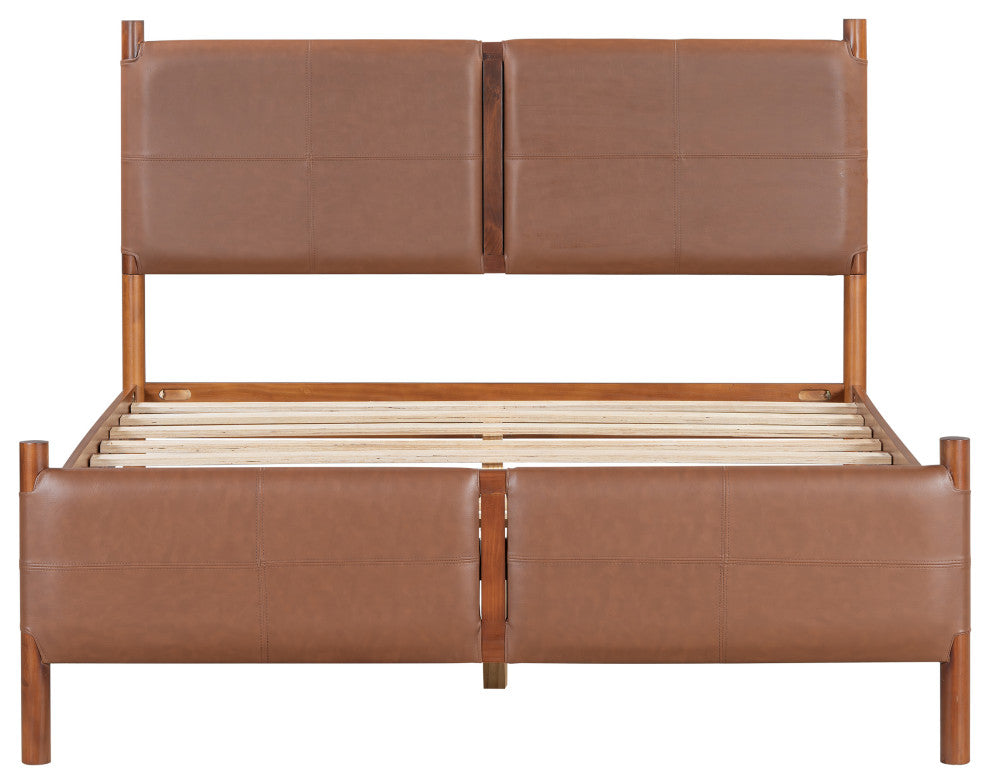 GDF Studio Queen Platform Bed With Upholstered PU Headboard & Wood Frame, Brown