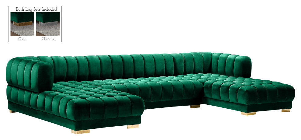 Gwen Biscuit Tufted Velvet Upholstered 3 Piece Sectional, Green