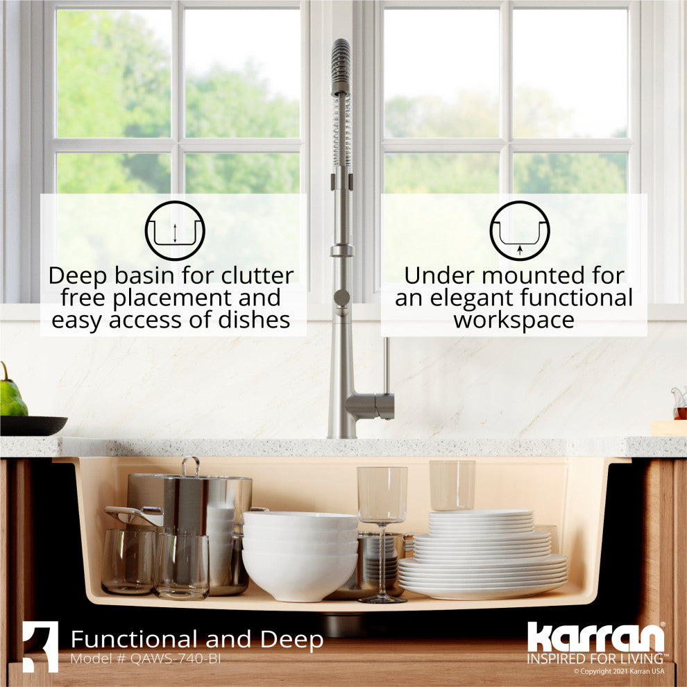 Karran 34" Quartz Farmhouse Single Bowl Workstation Kitchen Sink, Bisque