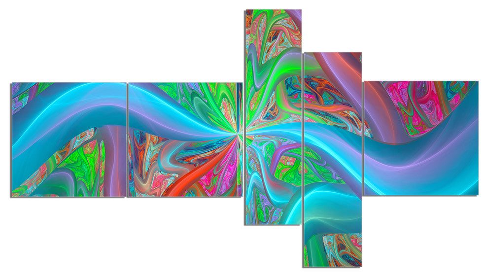 Blue Green Fractal Curves, Abstract Canvas Art Print, 60"x32", 5 panels