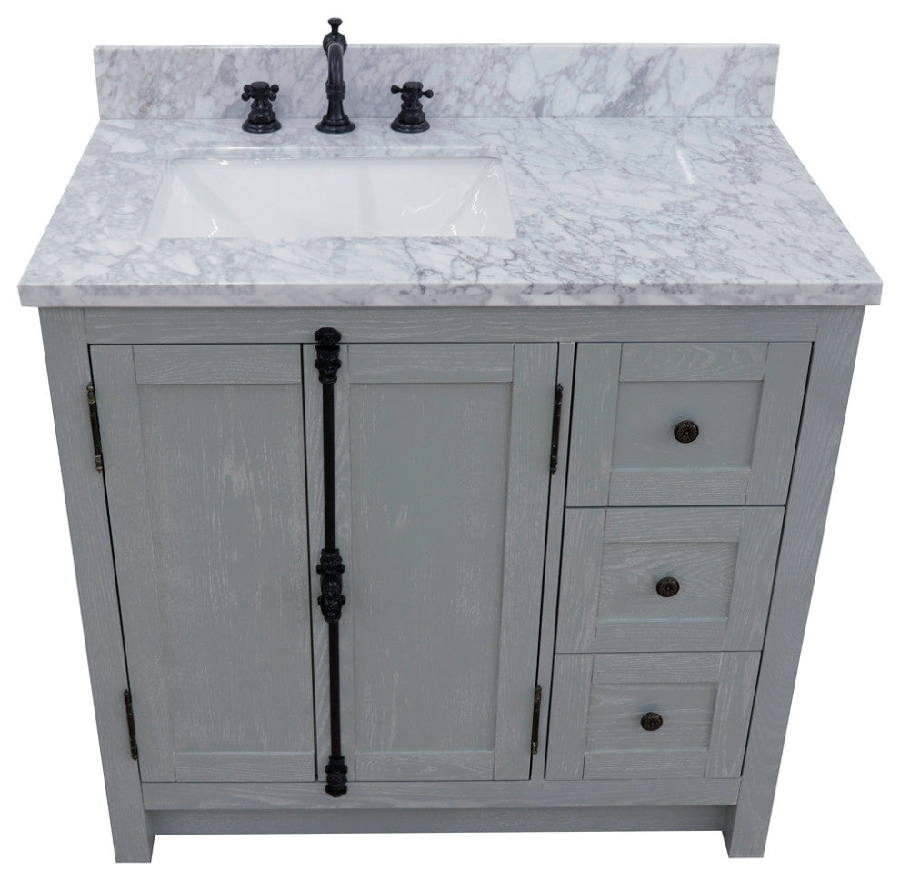 37" Vanity, Gray Ash With White Carrara Top, Left Doors/Left Rectangle Sink