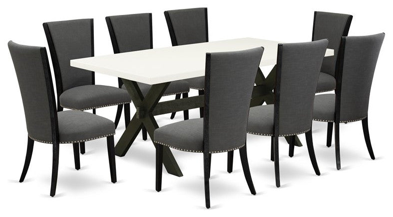 9-Piece Dining Set, Table and 8 Chairs With Dark Gotham Gray, Linen Fabric