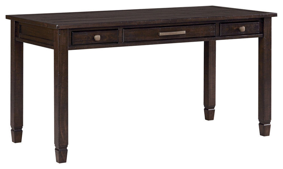 Pine Wood Desk with Three Drawers and Metal Pull Out, Brown and Bronze