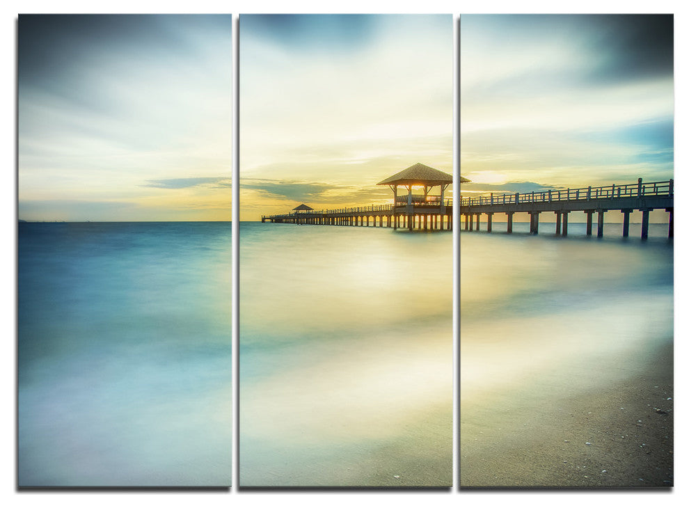 "Blue Tinged Seashore With Distant Pier" Metal Wall Art, 3 Panels, 36"x28"