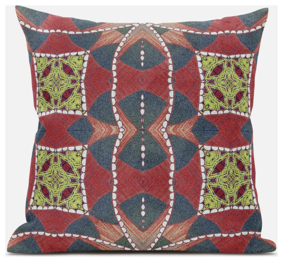 16" Red Gray Cosmic Circle Boho Suede Throw Pillow