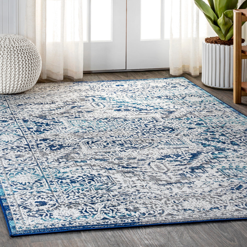 Modern Persian Vintage Medallion Area Rug, Blue, 10 X 14