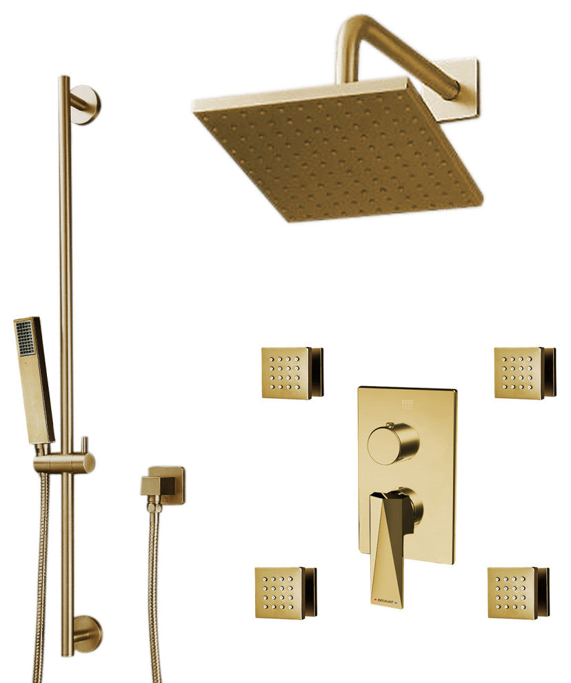 Bravat Brushed Gold Square Shower Set, Valve Mixer 3-Way Concealed Wall Mount