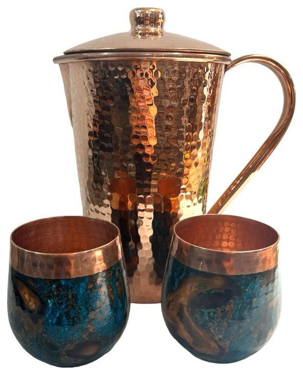 Set of 1 Copper Pitcher & 2 Marbled Tumblers