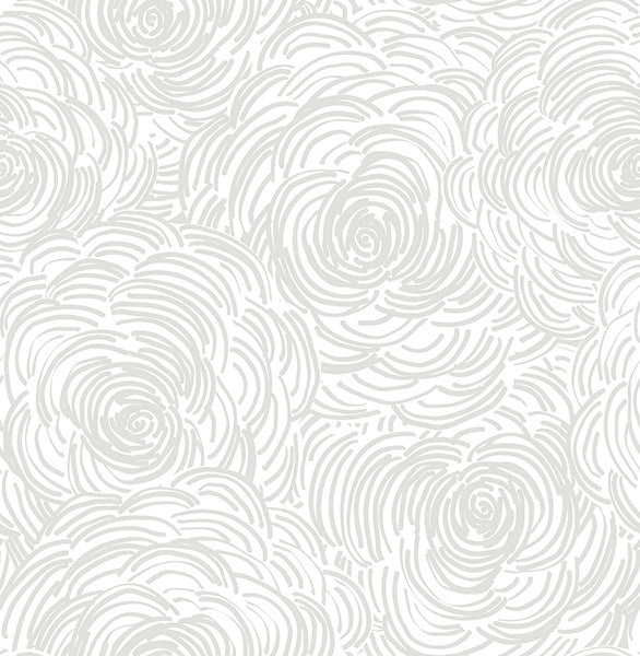 Abstract Artistic Floral Monochromatic Wallpaper, Gray on White, Sample