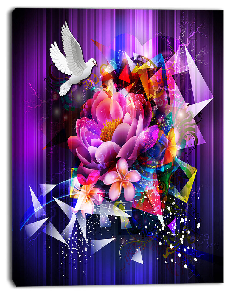 Abstract Floral Design with Dove, Floral Canvas Art print, 12"x20"