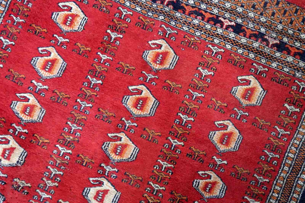Handmade Vintage Uzbek Bukhara Rug 4.1'x6.4', 126cmx195cm 1960s