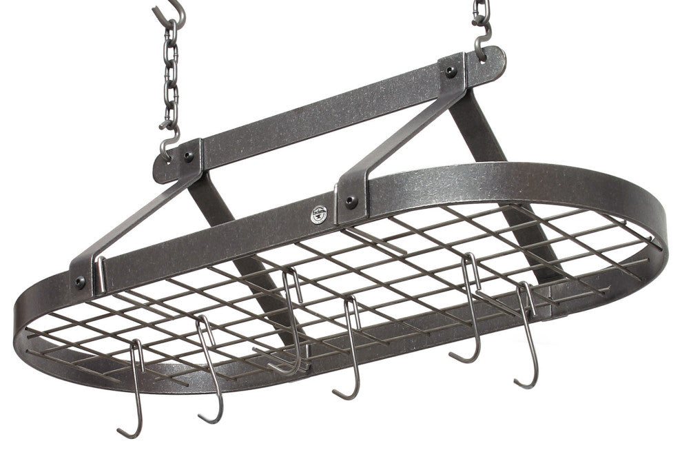 Handcrafted Classic Oval Ceiling Pot Rack w 12 Hooks Hammered Steel