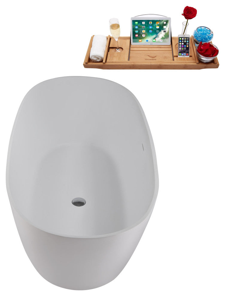 59" Streamline NS5820CH Matte White Stone Resin Bathtub, Tray With Chrome Drain