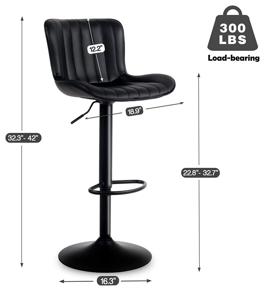 YOUNIKE Set of 2 Leather Bar Stool Adjustable, Swivel, Wingback, Black