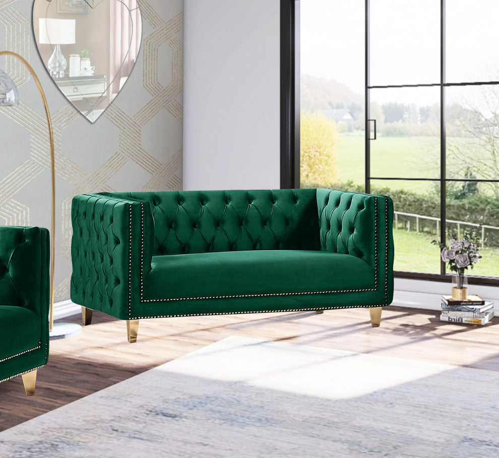 Michelle Fabric Upholstered Chair, Gold Iron Legs, Green, Velvet, Loveseat