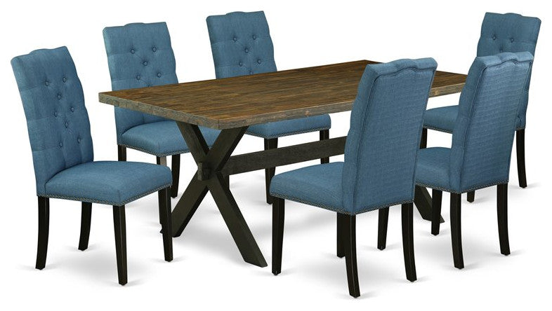 X677El121-7, 7-Piece Set Table and 6 Wonderful Linen Fabric Chairs, Black