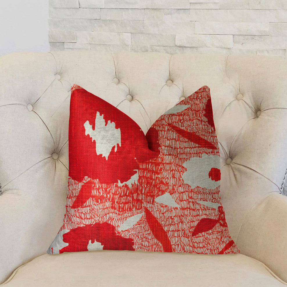 Hibiscus Red and Beige Luxury Throw Pillow, 20"x20"