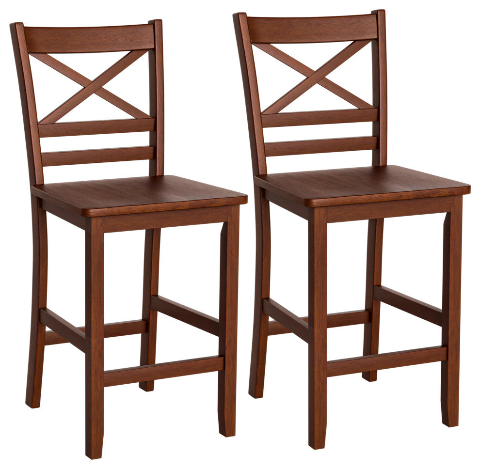 Costway Set of 2 Bar Stools 24'' Counter Height w/ Rubber Wood Legs Walnut