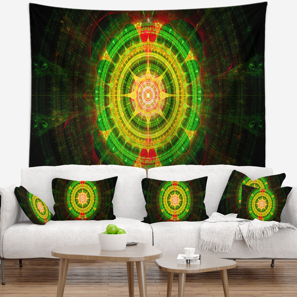 Bright Green Fractal Sphere Abstract Wall Tapestry, 60"x50"