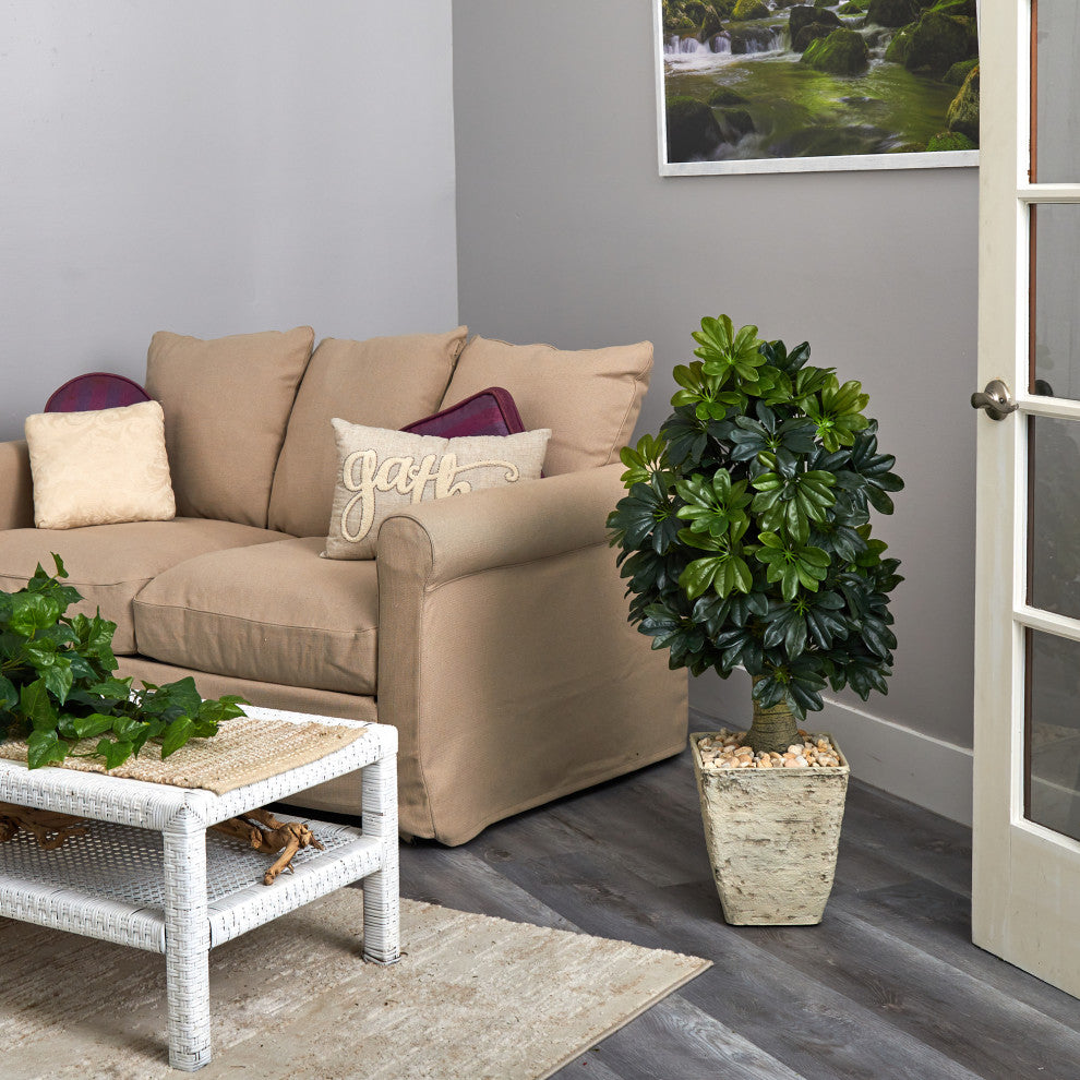 3.5' Schefflera Artificial Tree, Country White Planter, Real Touch