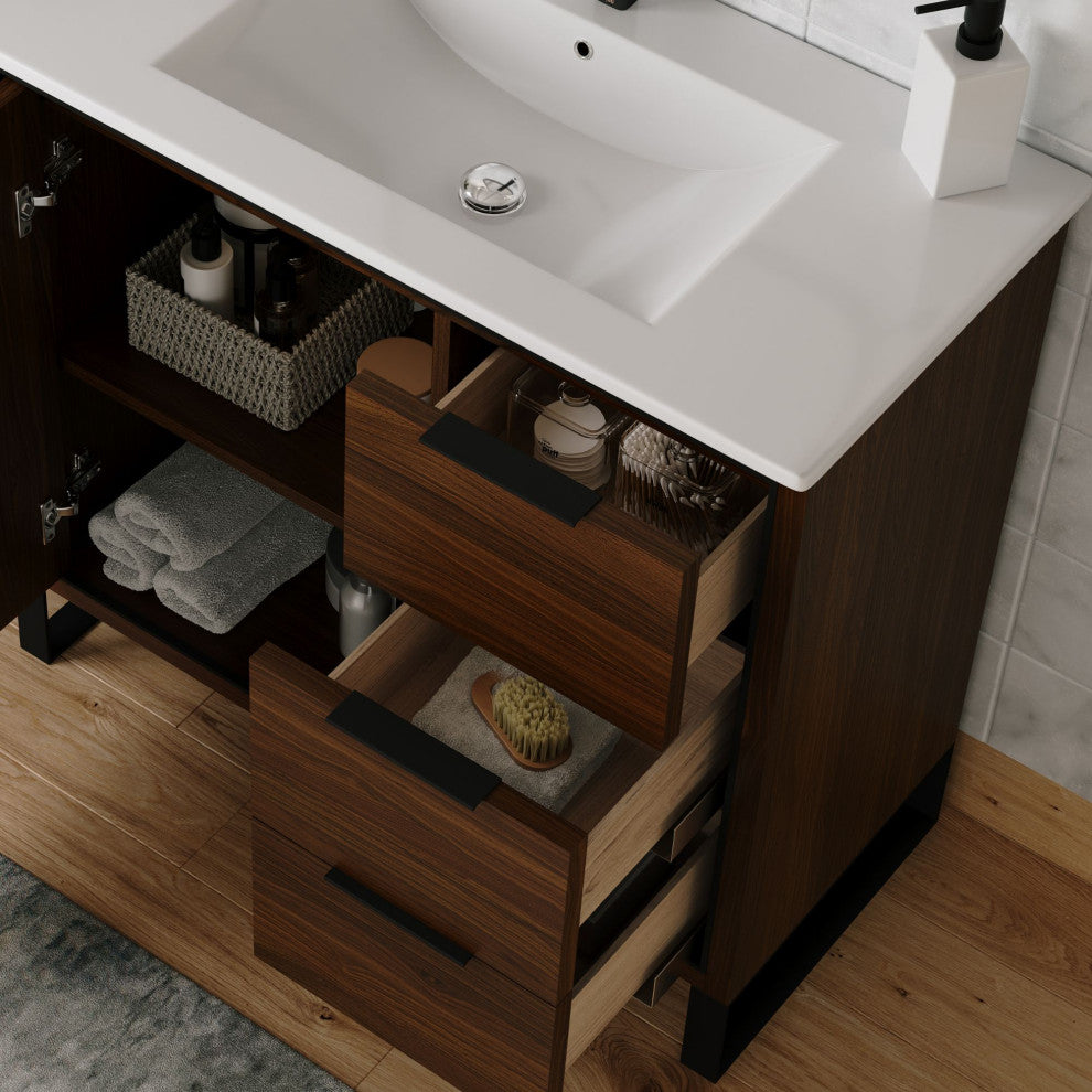 Bradford Bath Vanity, Walnut, 36", Black Hardware, Single Sink, Freestanding