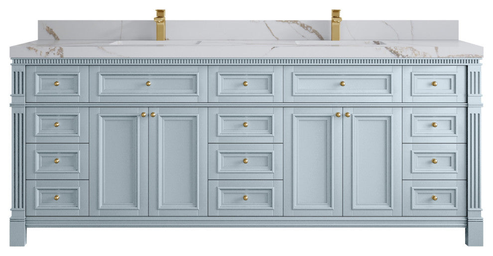 Paris 84" Double Sink Bathroom Vanity, Blue Heather 2" Calacatta Gold