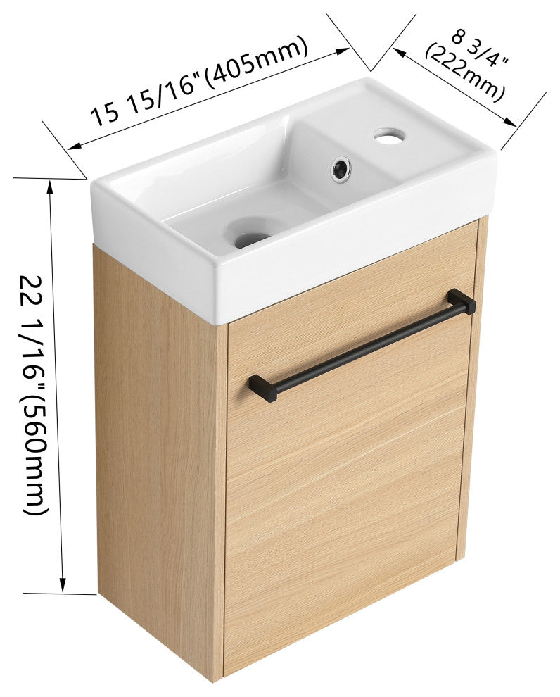 GDF Studio 16" Wall-Mounted Vanity, Ceramic Sink & Soft-Close Cabinet, Light Oak