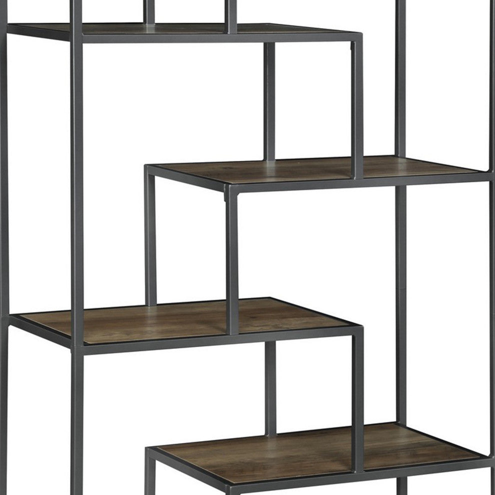 72 Inch Wood Bookcase, Geometric Metal Frame, 7 Shelves, Gray, Brown