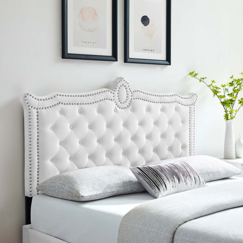 Tufted Headboard, Nailhead, Twin Size, White, Velvet, Modern, Guest Suite