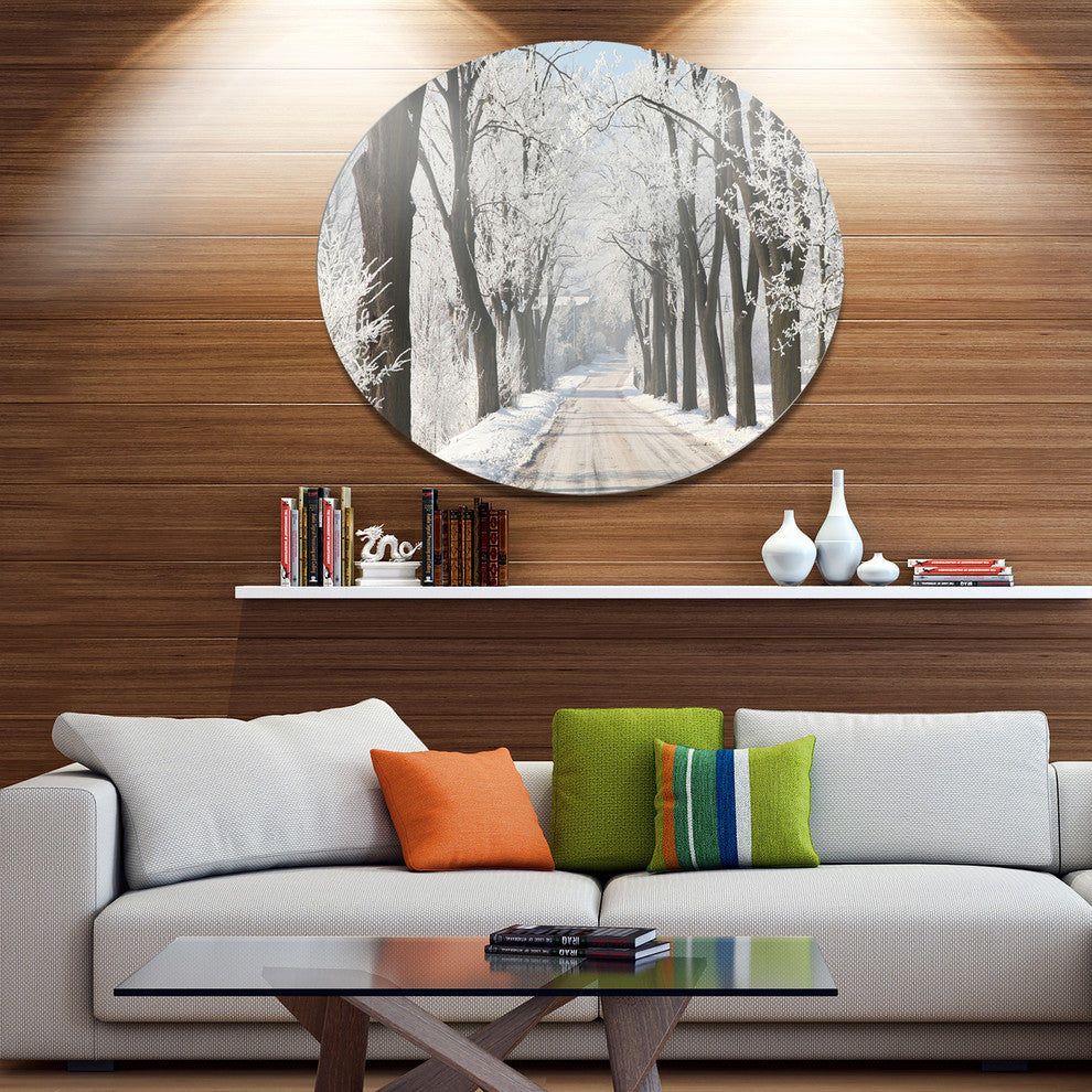 Winter Lane In Countryside, Forest Large Disc Metal Wall Art, 23"