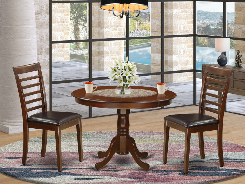 3 Pc Set With A Round Dinette Table And 2 Leather Dinette Chairs, Mahogany