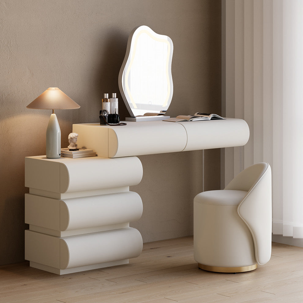 Modern Vanity Set PU Leather Dressing Table With Stool/LED Mirror, Off-White