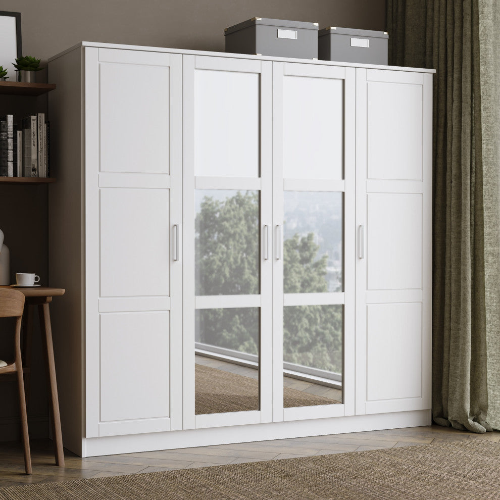 100% Solid Wood Cosmo 4-Door Wardrobe/Armoire/Closet, White-Mirror