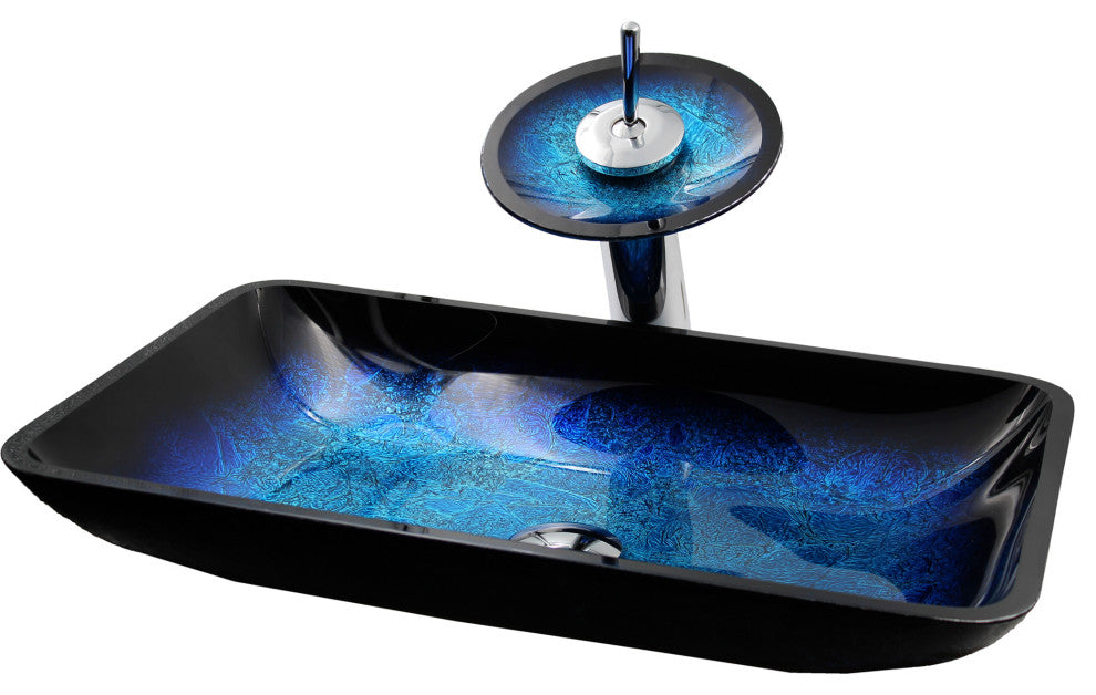 The Fresca Rectangle Shallow Blue Foiled Glass Bath Sink Combo Faucet Drain, Chrome