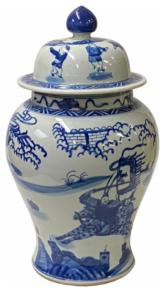 Chinese Blue White Porcelain People Scenery Graphic Temple Jar Hws1786