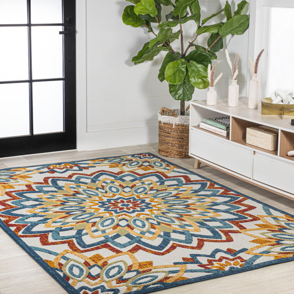 Flora Abstract Bold Mandala High-Low Indoor/Outdoor Area Rug, Red/Blue/Yellow