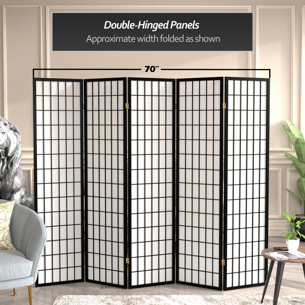 6' Tall Window Pane Shoji Screen, Black, 5 Panels