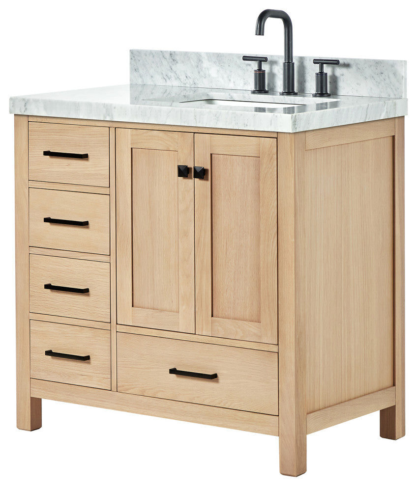 Cambridge 36" Single Bath Vanity With Italian Carrara Marble Top, Oak