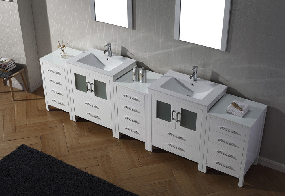 Virtu Dior 110" Double Bathroom Vanity, White, Polished Chrome Faucet, Mirrors