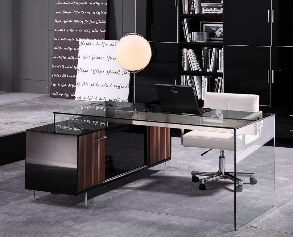 HomeRoots 29.5" Glass and Stained Wood Office Desk With a Storage Cabinet